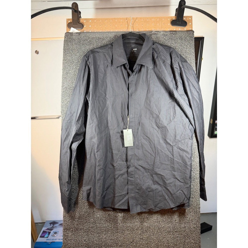 Hugo Boss Button Down Shirt Mens XL Gray Pinstripe Fitted Long Sleeve 50135406